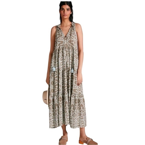 Omika Anthropologie Ruffled Tunic Maxi Dress Sleeveless Cotton/Linen Blend - Picture 1 of 10